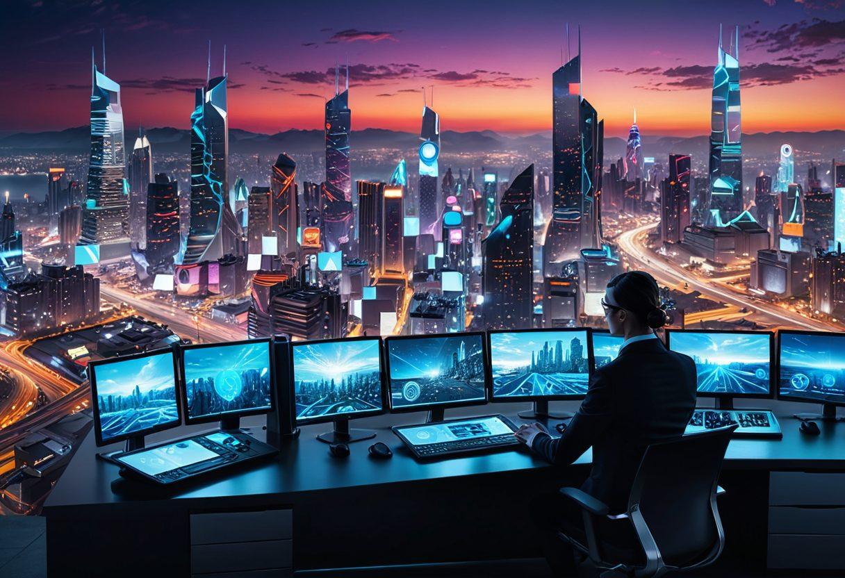 An abstract representation of a futuristic digital landscape, featuring interconnected gears and automated subscription management dashboards. Include vibrant holographic displays of membership renewals and automation tools, along with diverse individuals engaging with technology. A backdrop of a city skyline symbolizing progress and innovation should be included. super-realistic. vibrant colors. cyberpunk.