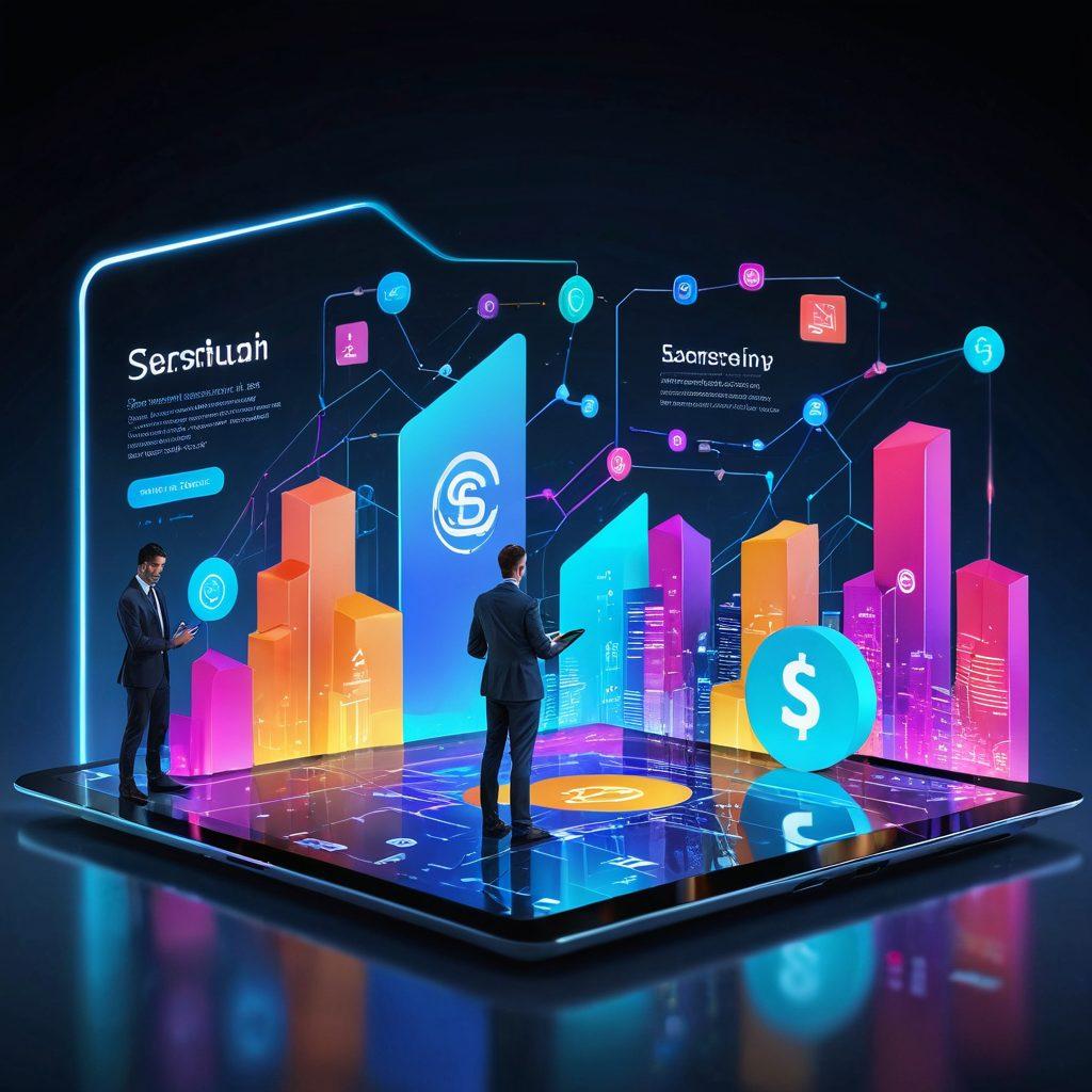 An imaginative depiction of a futuristic digital landscape where automatic billing is visualized as a seamless flow of transactions. Include holographic displays of charts showing revenue growth, colorful payment icons swirling around, and diverse individuals happily managing their subscriptions on sleek tablets. Bright and engaging elements of technology and finance interplaying to convey innovation. 3D. vibrant colors.